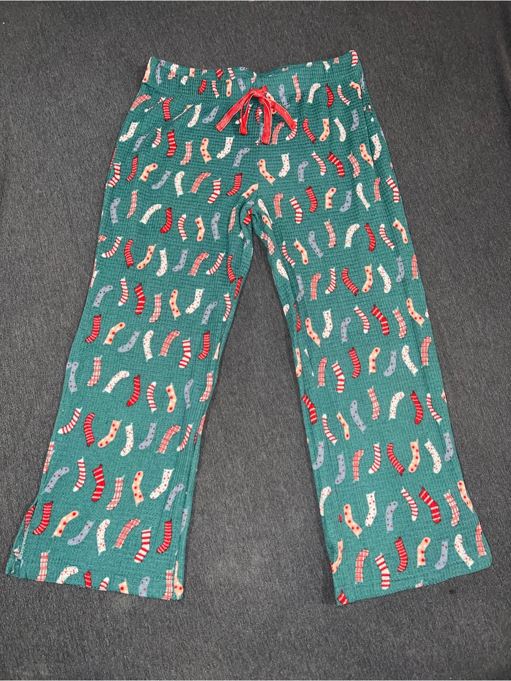 Falls Creek Green Pajama Pants with Red Drawstring and Multicolor Sock Print